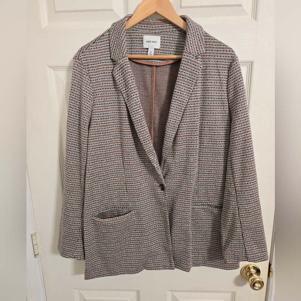 Nine West Women's Cream And Brown Houndstooth Polyester Blazer Size XL - Picture 1 of 8